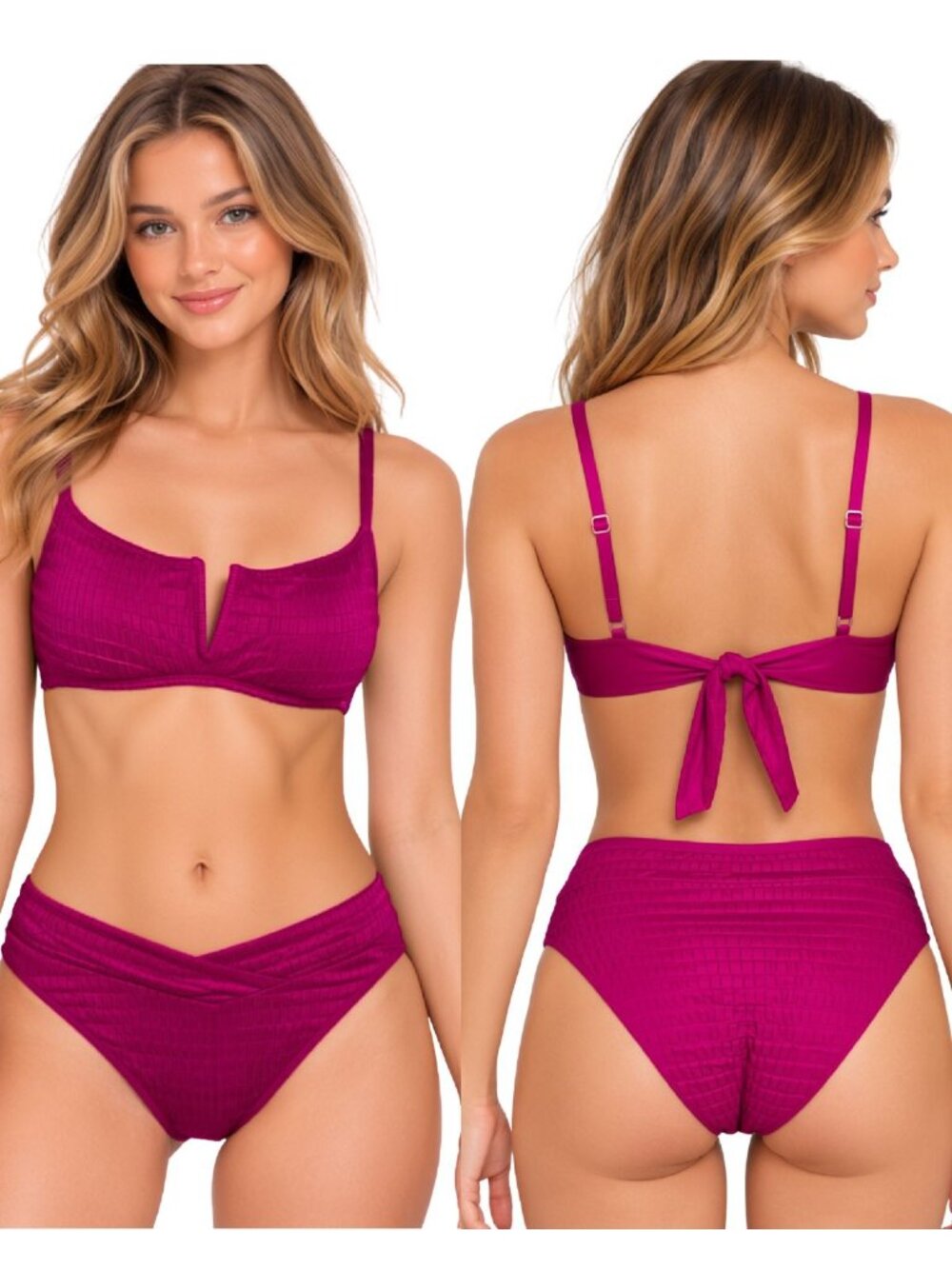 Bar III Small Plumberry Textured Smocked V-Wire Tie-Back High-Leg Bikini Set NWT